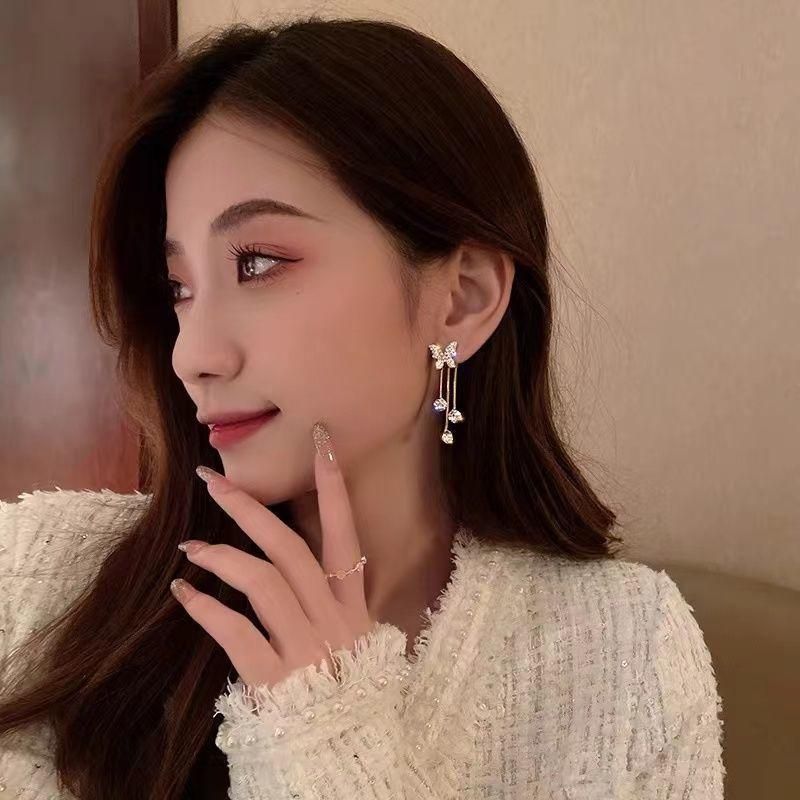 Elegant Diamond Butterfly Tassel Earrings – Dual Style Silver Needle Studs for Women & Girls