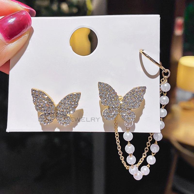 High-Sense Asymmetric Butterfly Pearl Tassel Earrings – Whimsical Elegance for the Modern Muse