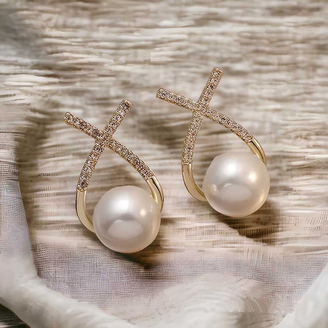 Korean Studded Cross Pearl Stud Earrings – Graceful Glamour for Everyday Elegance