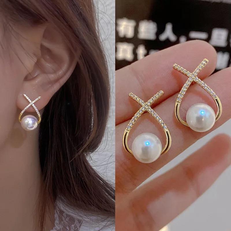 Korean Studded Cross Pearl Stud Earrings – Graceful Glamour for Everyday Elegance