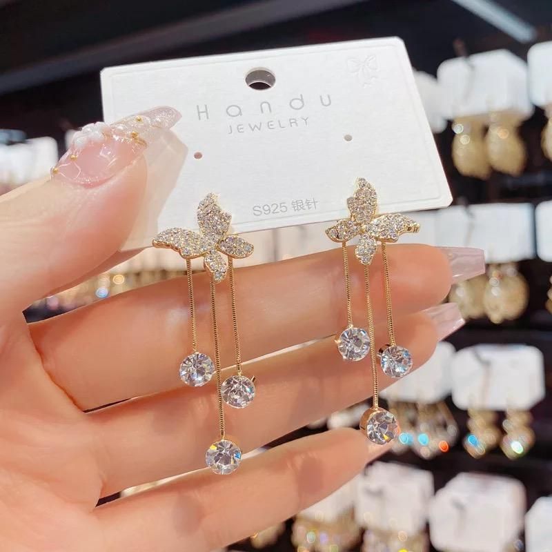 Elegant Diamond Butterfly Tassel Earrings – Dual Style Silver Needle Studs for Women & Girls