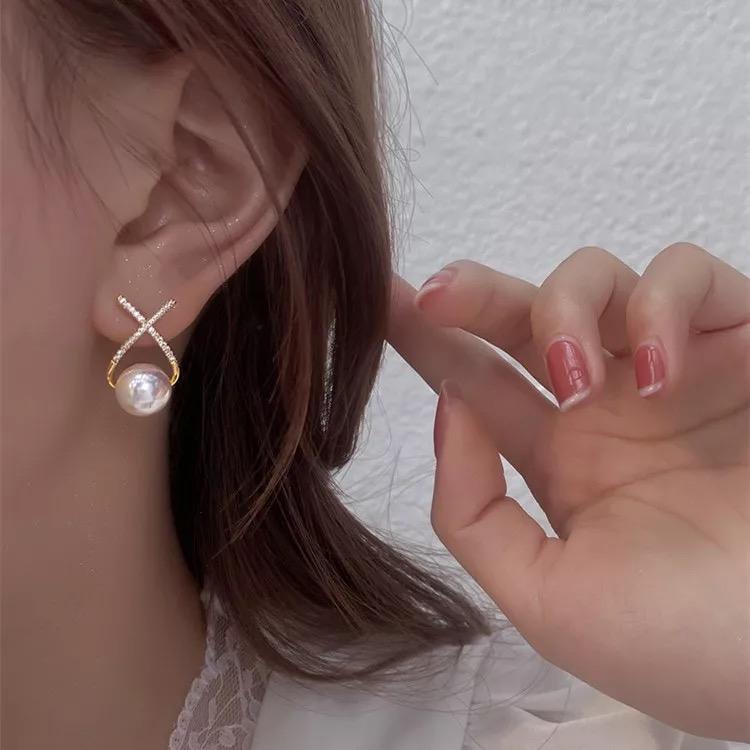 Korean Studded Cross Pearl Stud Earrings – Graceful Glamour for Everyday Elegance