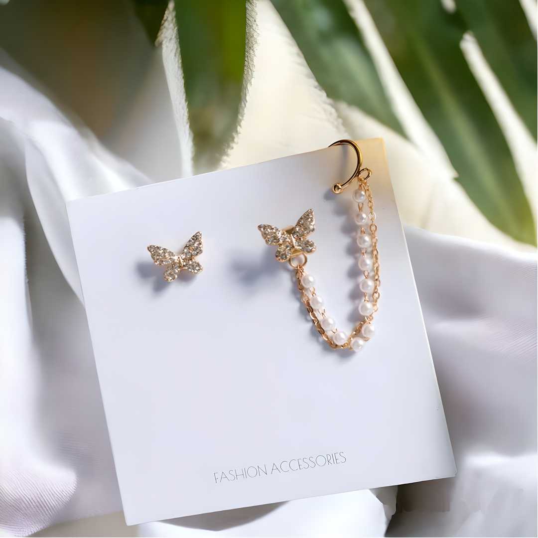 High-Sense Asymmetric Butterfly Pearl Tassel Earrings – Whimsical Elegance for the Modern Muse