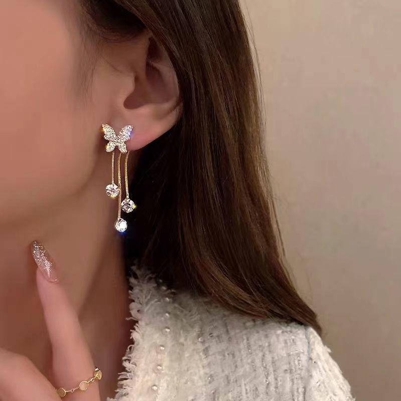 Elegant Diamond Butterfly Tassel Earrings – Dual Style Silver Needle Studs for Women & Girls