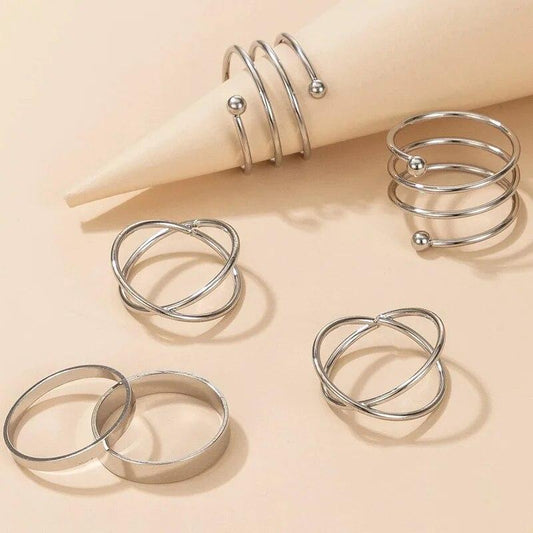 Silver Hollow Geometric Cross Twist Open Ring Set (6 Pcs)
