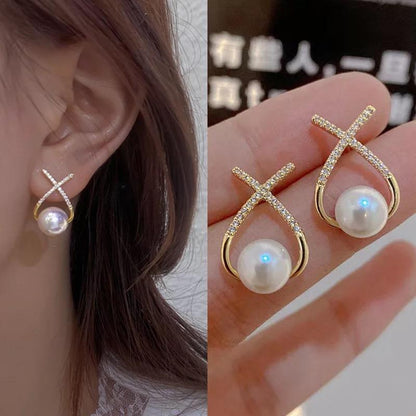 Korean Studded Cross Pearl Stud Earrings – Graceful Glamour for Everyday Elegance
