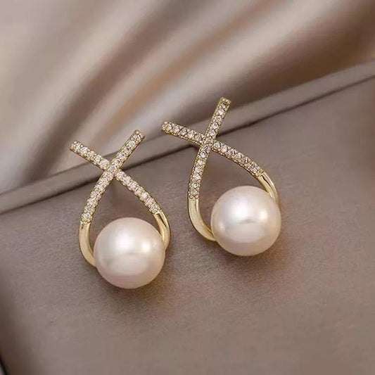Korean Studded Cross Pearl Stud Earrings – Graceful Glamour for Everyday Elegance