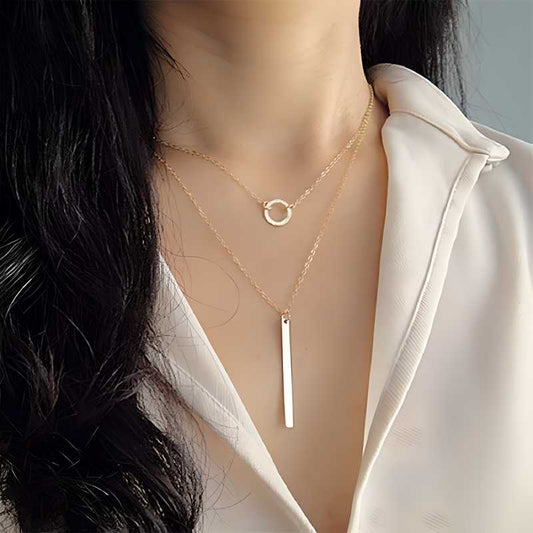 Silver Layered Chain Bar Pendant Necklace – Chic & Minimalist