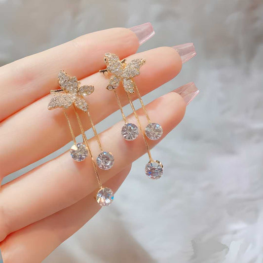 Elegant Diamond Butterfly Tassel Earrings – Dual Style Silver Needle Studs for Women & Girls